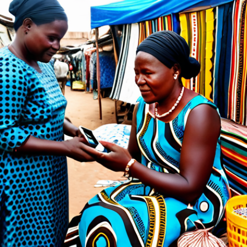 Home 18 A professional Beninese market vendor, a woman in her 40s, wearing a vibrant, modest wax fabric dress, sits amidst her beautifully arranged market stall filled with local crafts and textiles at a bustling open-air market in Cotonou. She is actively engaging with a smartphone, showing a product to a customer via a video call or managing orders on a messaging app, symbolizing the informal economy's digital transformation. The scene is bright and lively, captured with professional photography, natural lighting, and a clear focus on her interaction with technology. fully clothed, appropriate attire, safe for work, perfect anatomy, correct proportions, natural pose, well-formed hands, proper finger count, natural body proportions, professional, modest, family-friendly, high quality.