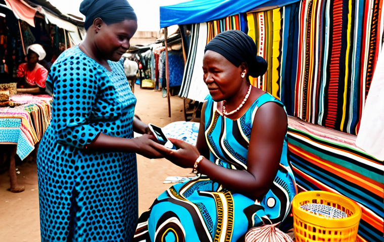 A professional Beninese market vendor, a woman in her 40s, wearing a vibrant, modest wax fabric dress, sits amidst her beautifully arranged market stall filled with local crafts and textiles at a bustling open-air market in Cotonou. She is actively engaging with a smartphone, showing a product to a customer via a video call or managing orders on a messaging app, symbolizing the informal economy's digital transformation. The scene is bright and lively, captured with professional photography, natural lighting, and a clear focus on her interaction with technology. fully clothed, appropriate attire, safe for work, perfect anatomy, correct proportions, natural pose, well-formed hands, proper finger count, natural body proportions, professional, modest, family-friendly, high quality.