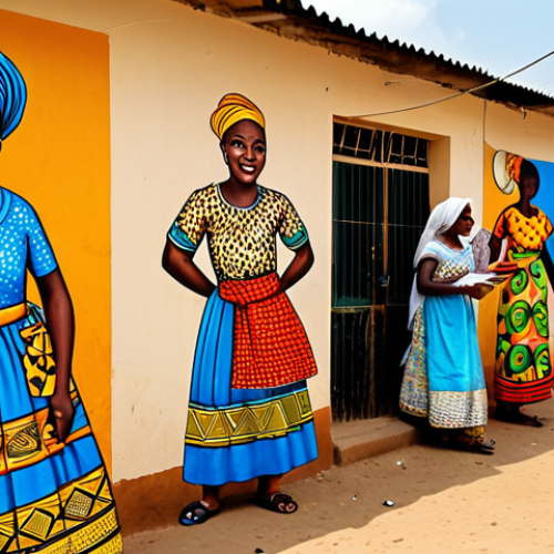 Home 8 **
A vibrant street scene in Cotonou, Benin. An artist in professional attire, fully clothed and modest, is painting a mural on a building wall. The mural depicts scenes from Beninese folklore using bright colors and traditional patterns. Market stalls with colorful fabrics and local crafts line the street. People in appropriate clothing are walking by, some observing the artist. Safe for work, appropriate content, perfect anatomy, natural proportions, professional photography, family-friendly.
**
