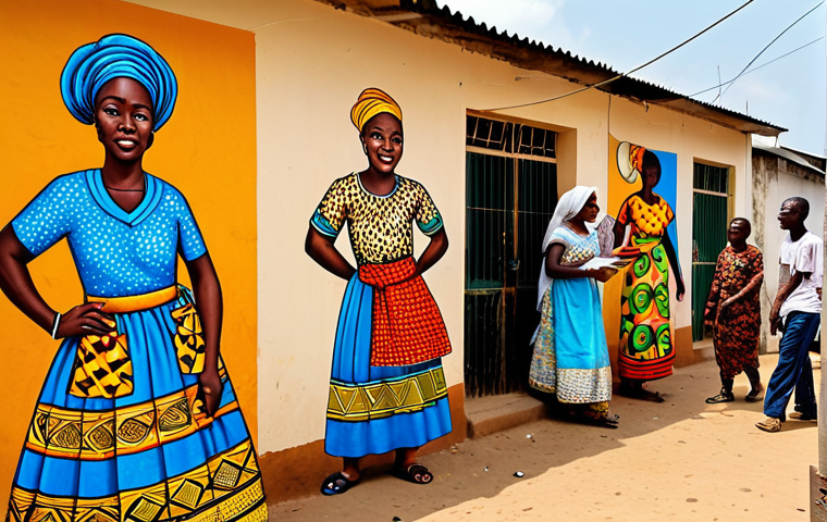 **

A vibrant street scene in Cotonou, Benin. An artist in professional attire, fully clothed and modest, is painting a mural on a building wall. The mural depicts scenes from Beninese folklore using bright colors and traditional patterns. Market stalls with colorful fabrics and local crafts line the street. People in appropriate clothing are walking by, some observing the artist. Safe for work, appropriate content, perfect anatomy, natural proportions, professional photography, family-friendly.

**
