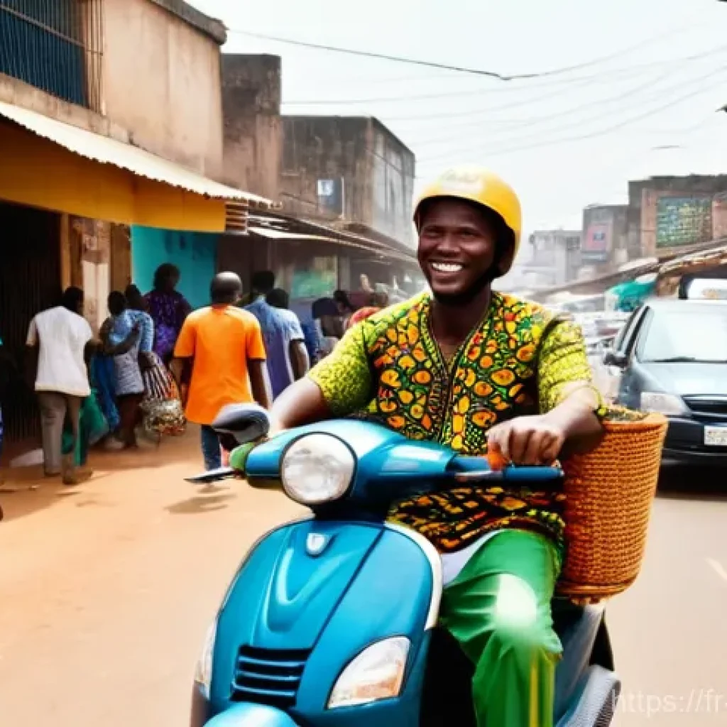 베냉의 교통수단과 이동 방법 - A vibrant street scene in Cotonou, Benin, featuring an agile Zémidjan (moto-taxi) driver expertly na...