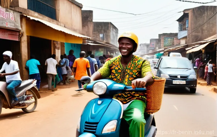 베냉의 교통수단과 이동 방법 - A vibrant street scene in Cotonou, Benin, featuring an agile Z&eacute;midjan (moto-taxi) driver expertly na...