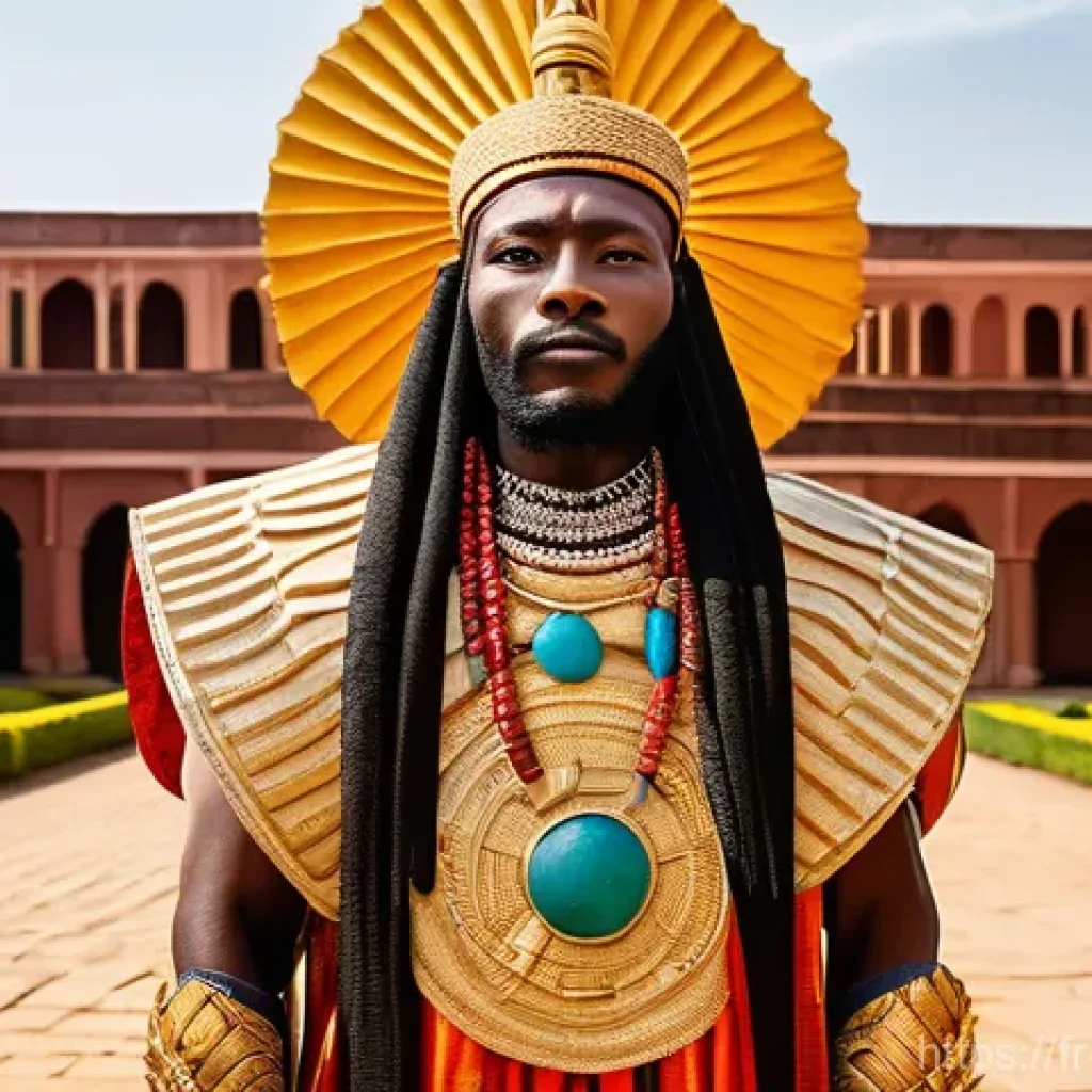 아보메이 왕궁 방문기 - **Prompt:** A majestic and powerful King of Dahomey stands proudly within the sun-drenched royal cou...
