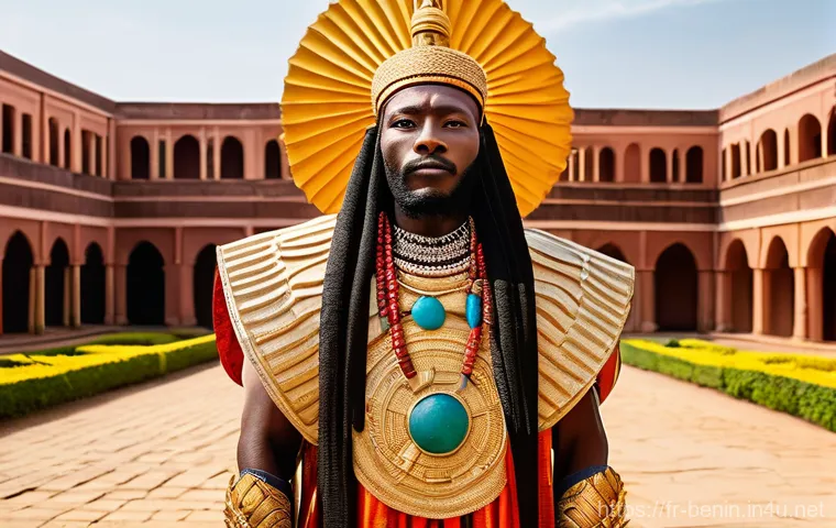 아보메이 왕궁 방문기 - **Prompt:** A majestic and powerful King of Dahomey stands proudly within the sun-drenched royal cou...