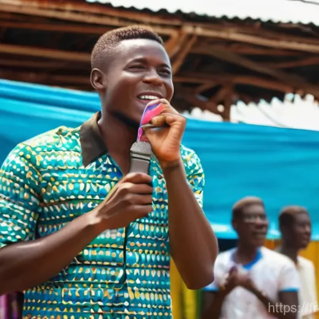 베냉의 코미디와 대중 문화 - A young, energetic Beninese comedian, similar to Axel Merryl, is performing a lively stand-up sketch...