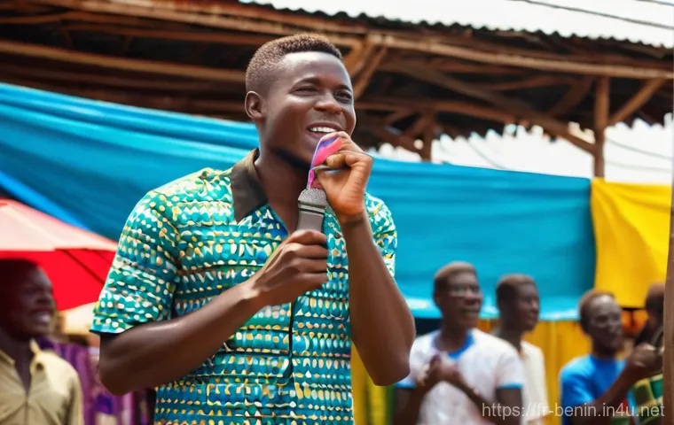 베냉의 코미디와 대중 문화 - A young, energetic Beninese comedian, similar to Axel Merryl, is performing a lively stand-up sketch...