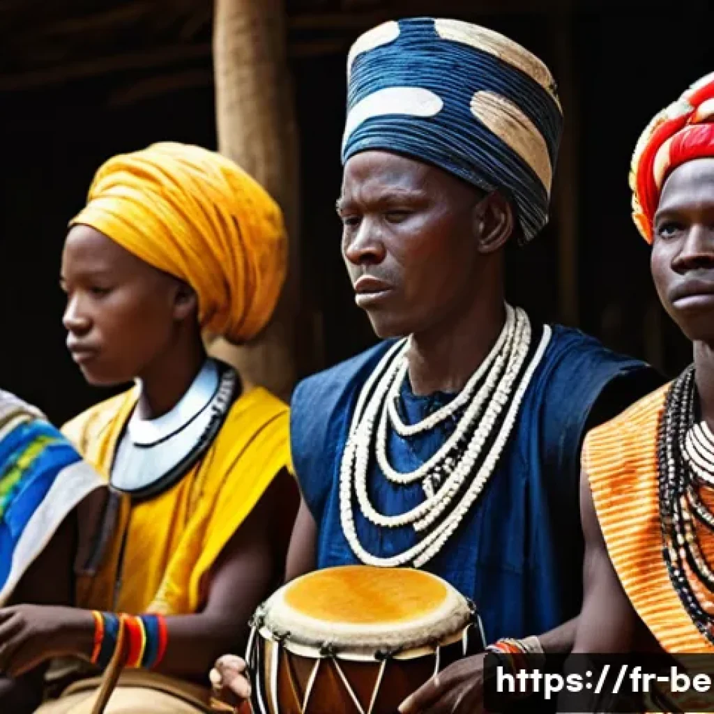 베냉의 음악과 전통 춤 - **Prompt:** A vibrant, spiritual Voodoo music ceremony in a traditional Beninese village. The scene ...