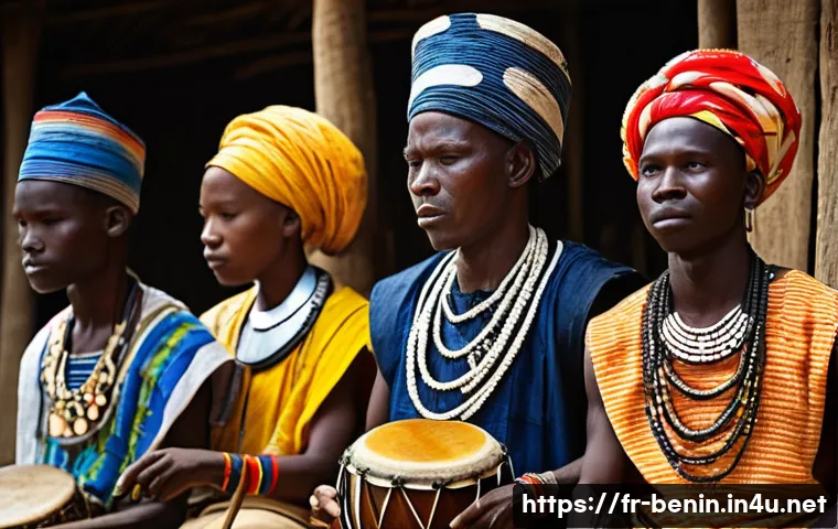베냉의 음악과 전통 춤 - **Prompt:** A vibrant, spiritual Voodoo music ceremony in a traditional Beninese village. The scene ...