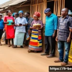 베냉의 은행 시스템과 금융 - A vibrant street scene in rural Benin showing diverse people using mobile banking apps on smartphone...