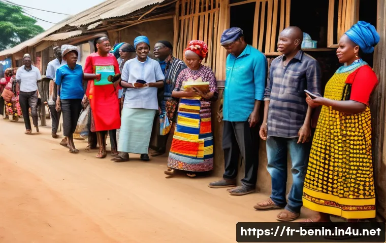 베냉의 은행 시스템과 금융 - A vibrant street scene in rural Benin showing diverse people using mobile banking apps on smartphone...