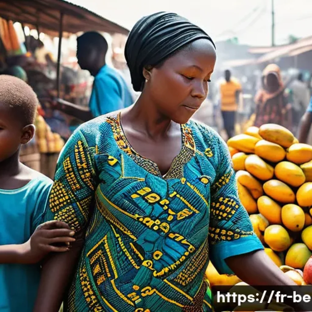 베냉에서 촬영한 다큐멘터리 - A vibrant Beninese market scene bustling with activity, colorful stalls overflowing with exotic frui...