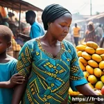 베냉에서 촬영한 다큐멘터리 - A vibrant Beninese market scene bustling with activity, colorful stalls overflowing with exotic frui...