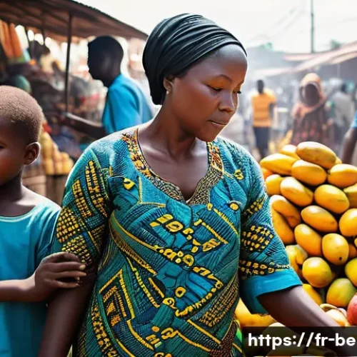 베냉에서 촬영한 다큐멘터리 - A vibrant Beninese market scene bustling with activity, colorful stalls overflowing with exotic frui...