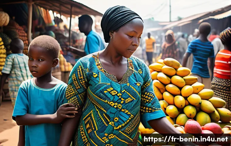 베냉에서 촬영한 다큐멘터리 - A vibrant Beninese market scene bustling with activity, colorful stalls overflowing with exotic frui...