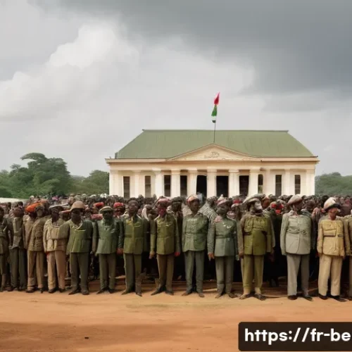 베냉 쿠데타 역사 - A detailed, realistic scene showing a 1960s West African military coup in Benin (formerly Dahomey), ...