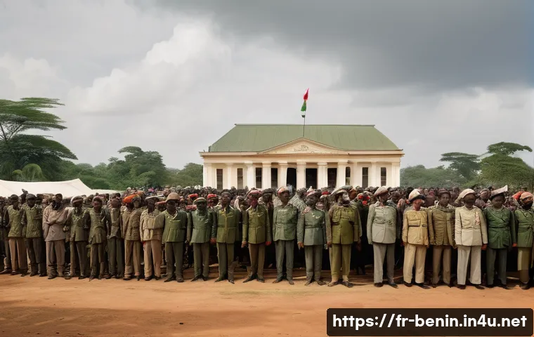 베냉 쿠데타 역사 - A detailed, realistic scene showing a 1960s West African military coup in Benin (formerly Dahomey), ...