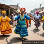 베냉에서 인플루언서 활동하기 - A vibrant street scene in Cotonou, Benin, showcasing local culture with people dressed in colorful t...