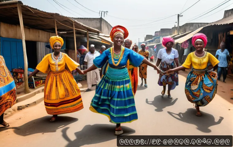 베냉에서 인플루언서 활동하기 - A vibrant street scene in Cotonou, Benin, showcasing local culture with people dressed in colorful t...