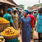 베냉 여행 시 유의할 점 - A vibrant and bustling Beninese market scene during daytime, with local vendors selling colorful fre...