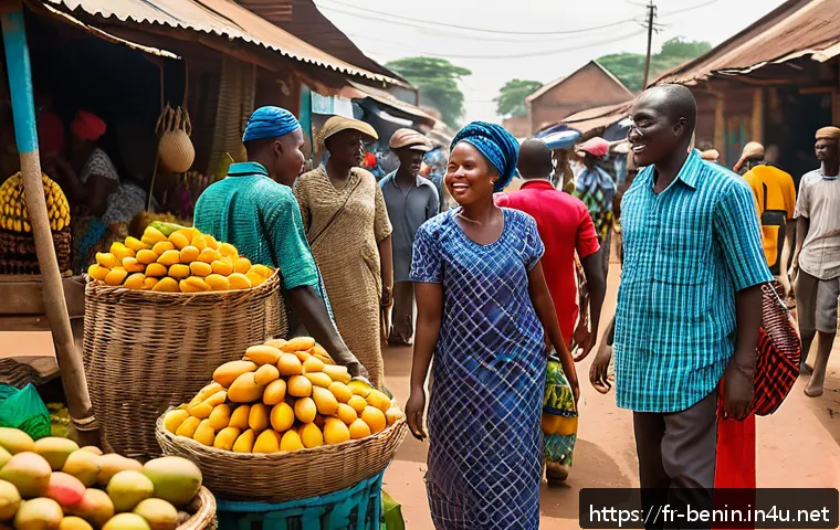 베냉 여행 시 유의할 점 - A vibrant and bustling Beninese market scene during daytime, with local vendors selling colorful fre...
