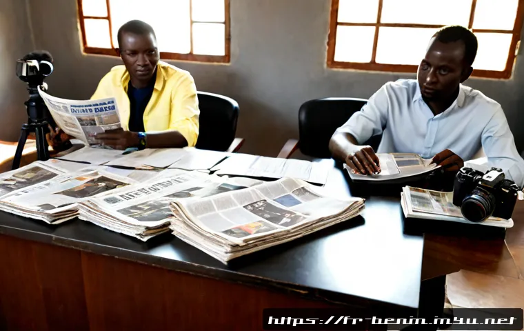 Home 17 베냉의 주요 신문과 미디어 - Photorealistic editorial newsroom in Cotonou, Benin, French-speaking West African journalists collab...