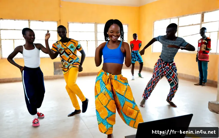 Home 17 베냉에서 한류 문화 영향 - Photorealistic scene in Cotonou, Benin: a small group of fashionable Beninese young adults practicin...