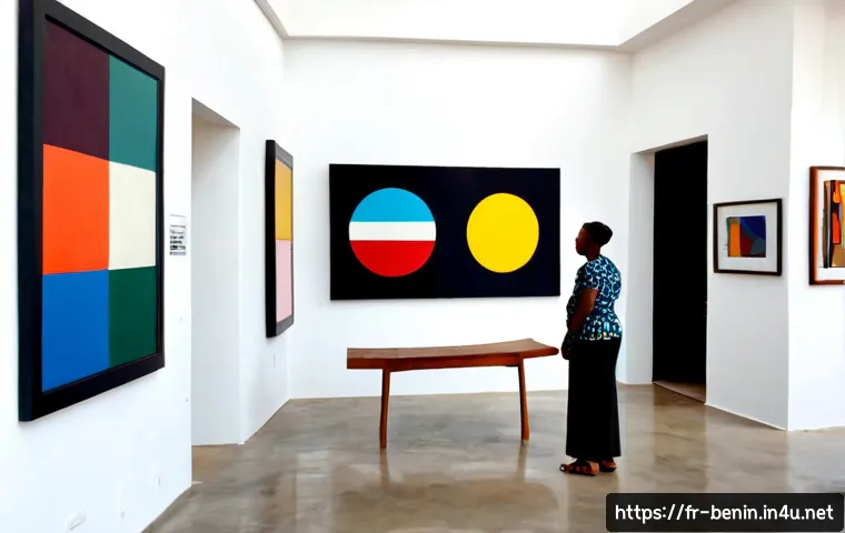 베냉의 현대 미술과 갤러리 - Photorealistic contemporary art gallery in Cotonou, Benin, bright white walls displaying large color...